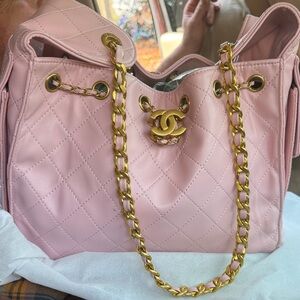 CHANEL Pink Quilted Shoulder Tote with Gold Chain Trim